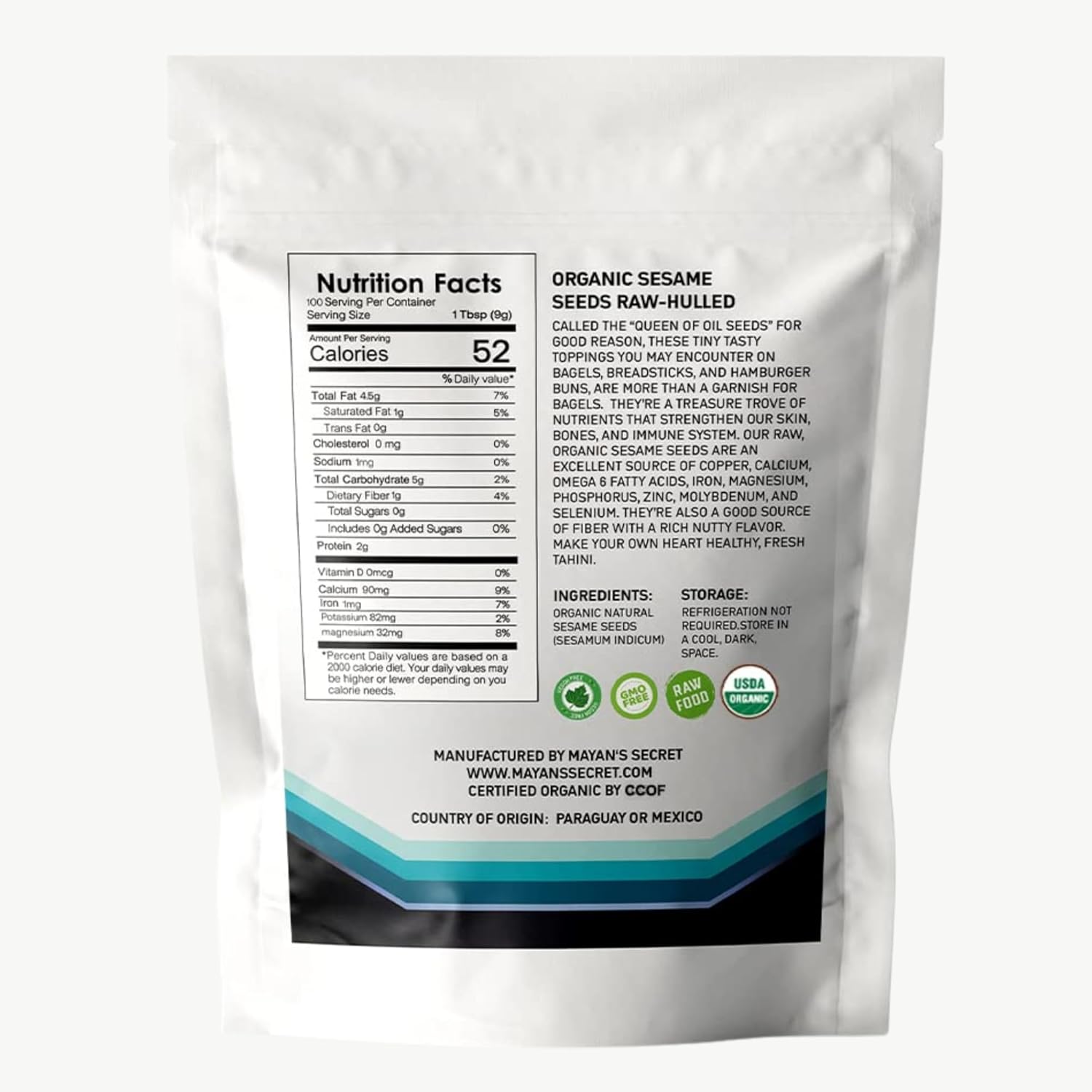 Mayan's Secret Certified Organic hulled Sesame Seeds, 2 Lbs - Gluten Free, Raw, Keto Friendly