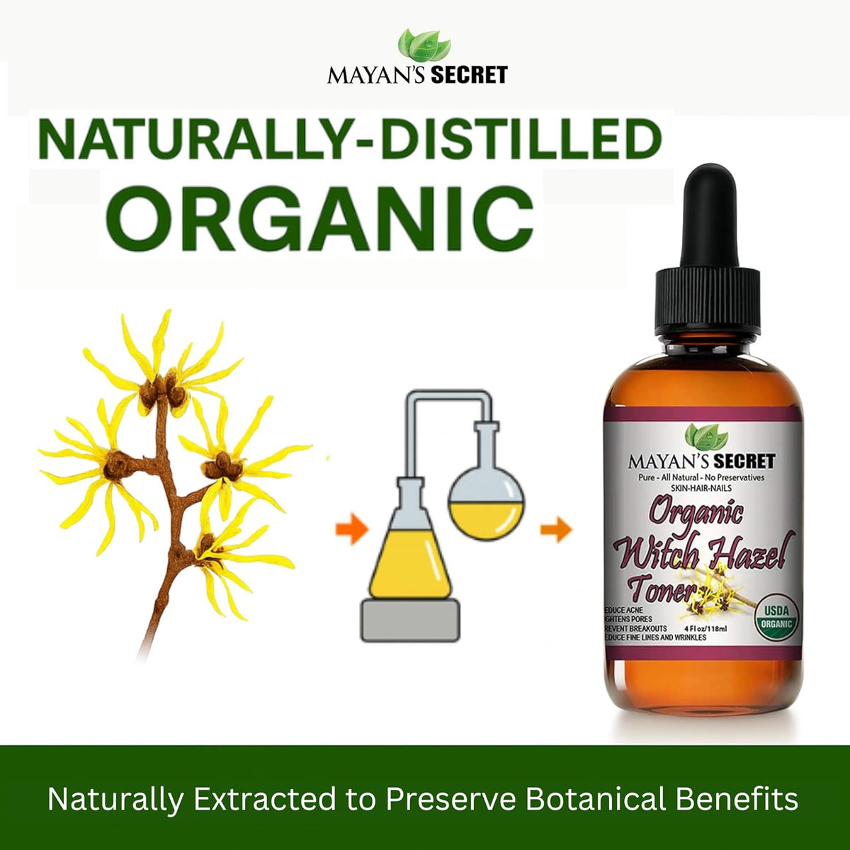 Mayan’s Secret Organic Witch Hazel Toner USDA Organic Pore Tightening Facial Toner for Oily Acne Prone and Sensitive Skin 4 oz Glass Bottle