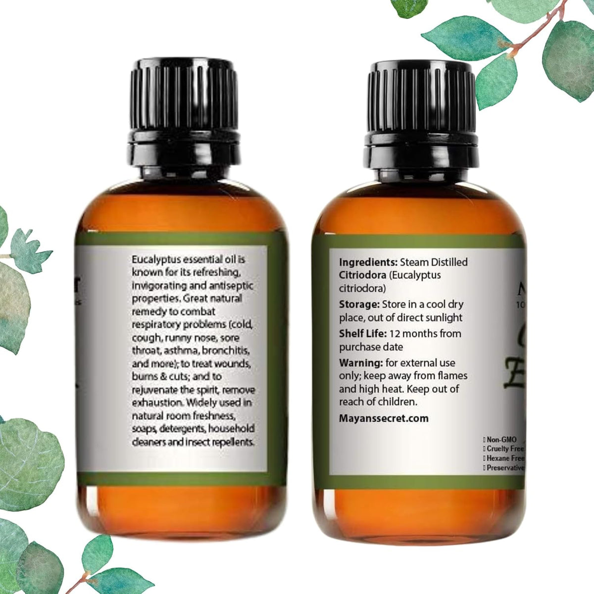 Mayan’s Secret Citriodora Eucalyptus Oil 100% Pure Steam Distilled Essential Oil for Skin Hair Scalp Aromatherapy and Diffuser Use 4 fl oz 118 ml Amber Glass Bottle with Dropper