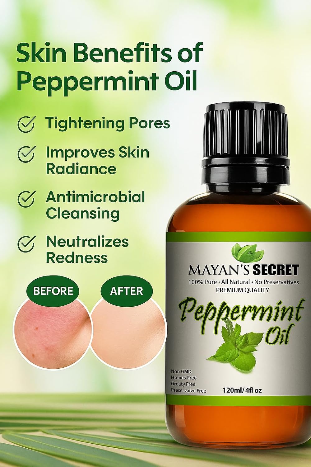 Mayan’s Secret Peppermint Essential Oil 4 oz 120ml Pure Steam Distilled Mint Oil for Hair Scalp Skin Aromatherapy Diffuser Use Glass Dropper Bottle