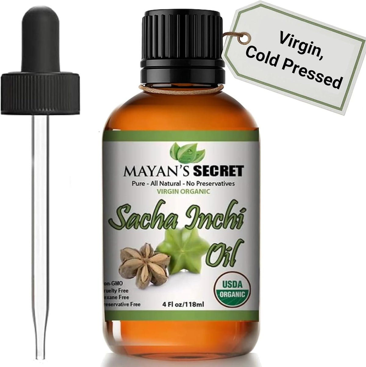 Mayan’s Secret Organic Sacha Inchi Oil Cold Pressed Pure Omega 3 6 9 Skin Hair Face Moisturizer 4 oz Glass Bottle