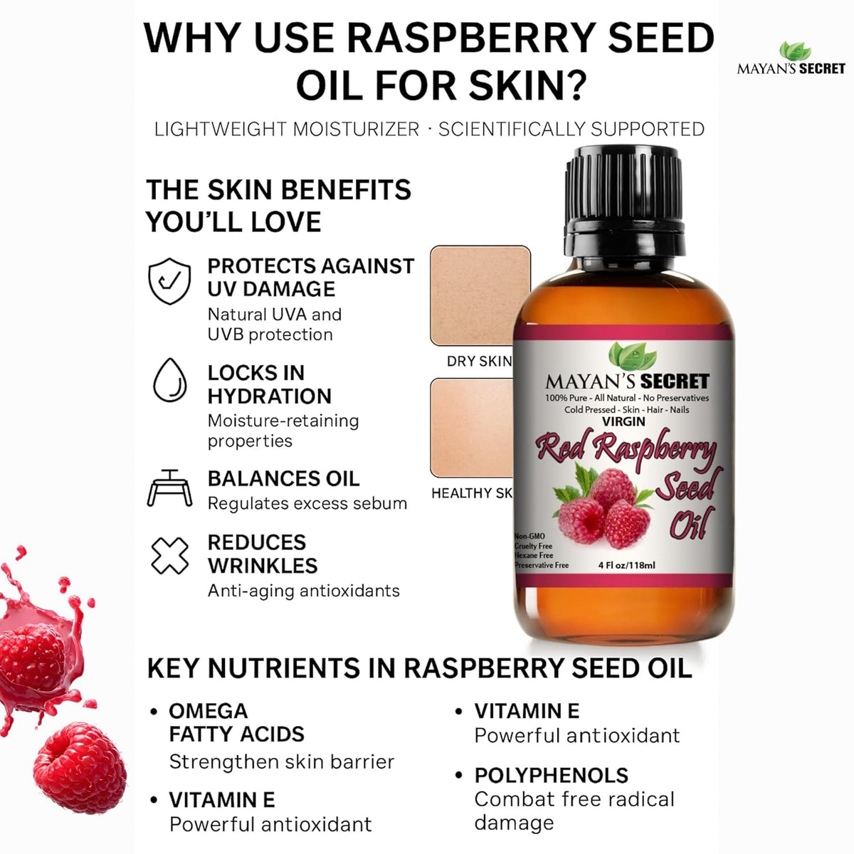 Mayan's Secret Red Raspberry Seed Oil Cold Pressed Unrefined (Virgin) Undiluted 100% Natural for face, hands,scars and breakouts (1 fl oz) (Red Raspberry Seed Oil, 4 fl oz)