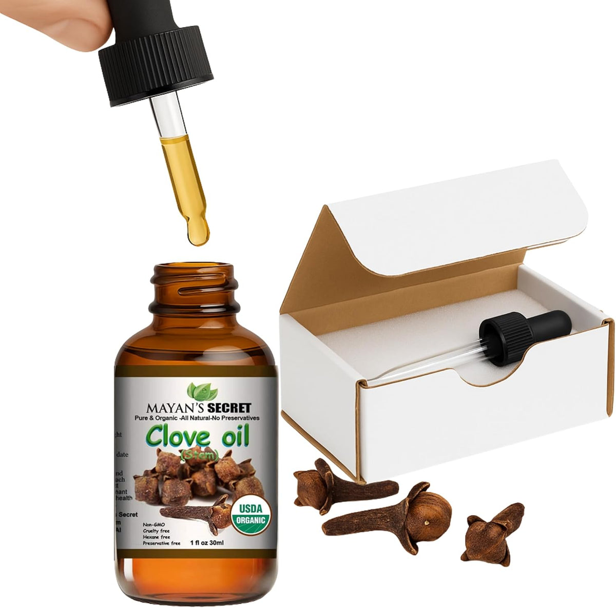 Organic Clove Stem Essential Oil Certified Organic Pure Clove Stem Essential Oil - Pure and Natural, 1oz Bottle