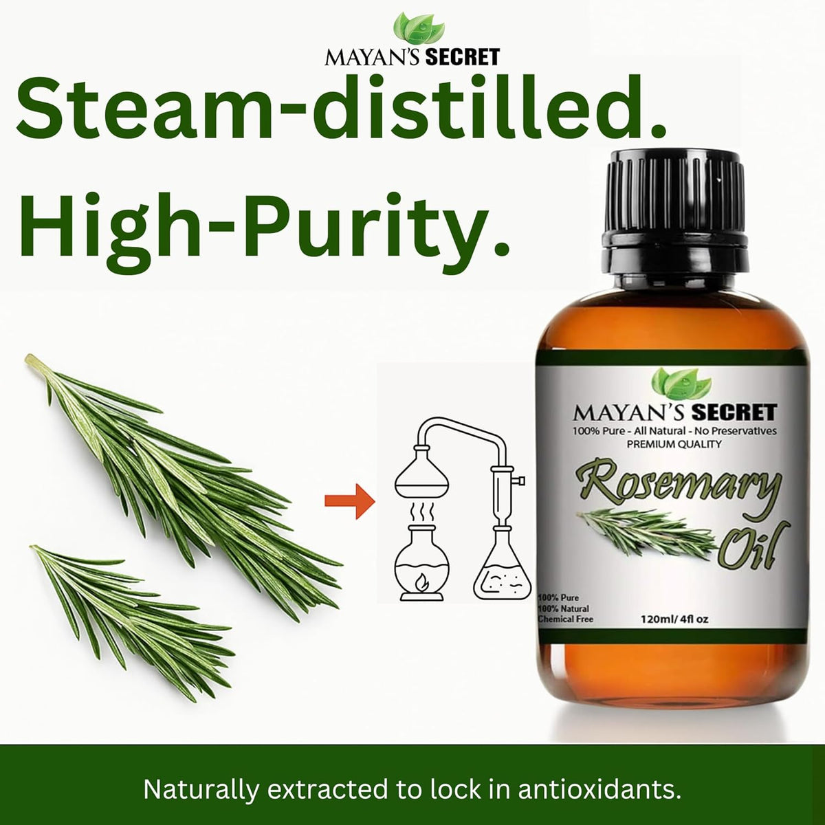 Mayan’s Secret Rosemary Oil 100% Pure Steam Distilled Rosemary Essential Oil for Hair Scalp Skin and Aromatherapy 4 fl oz 120 ml Amber Glass Dropper Bottle