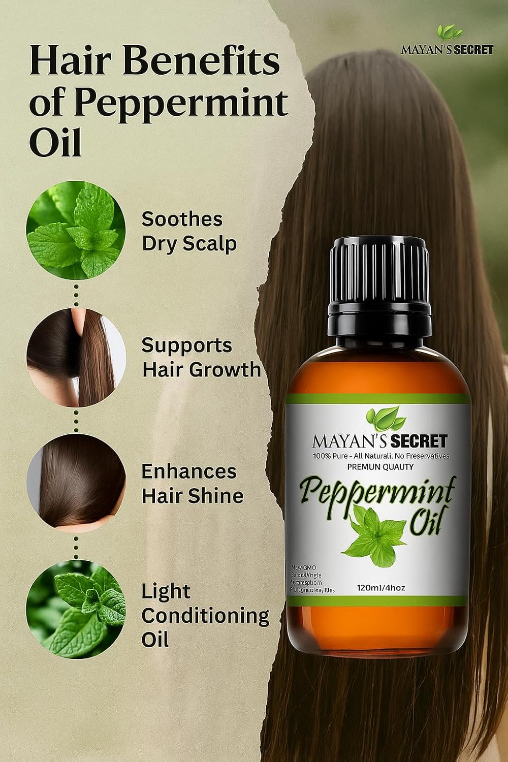 Mayan’s Secret Peppermint Essential Oil 4 oz 120ml Pure Steam Distilled Mint Oil for Hair Scalp Skin Aromatherapy Diffuser Use Glass Dropper Bottle