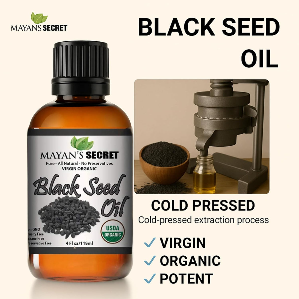 Mayan’s Secret Organic Black Seed Oil 4 oz 118 ml Nigella Sativa Virgin Cold Pressed USDA Organic Hair Skin Body Oil