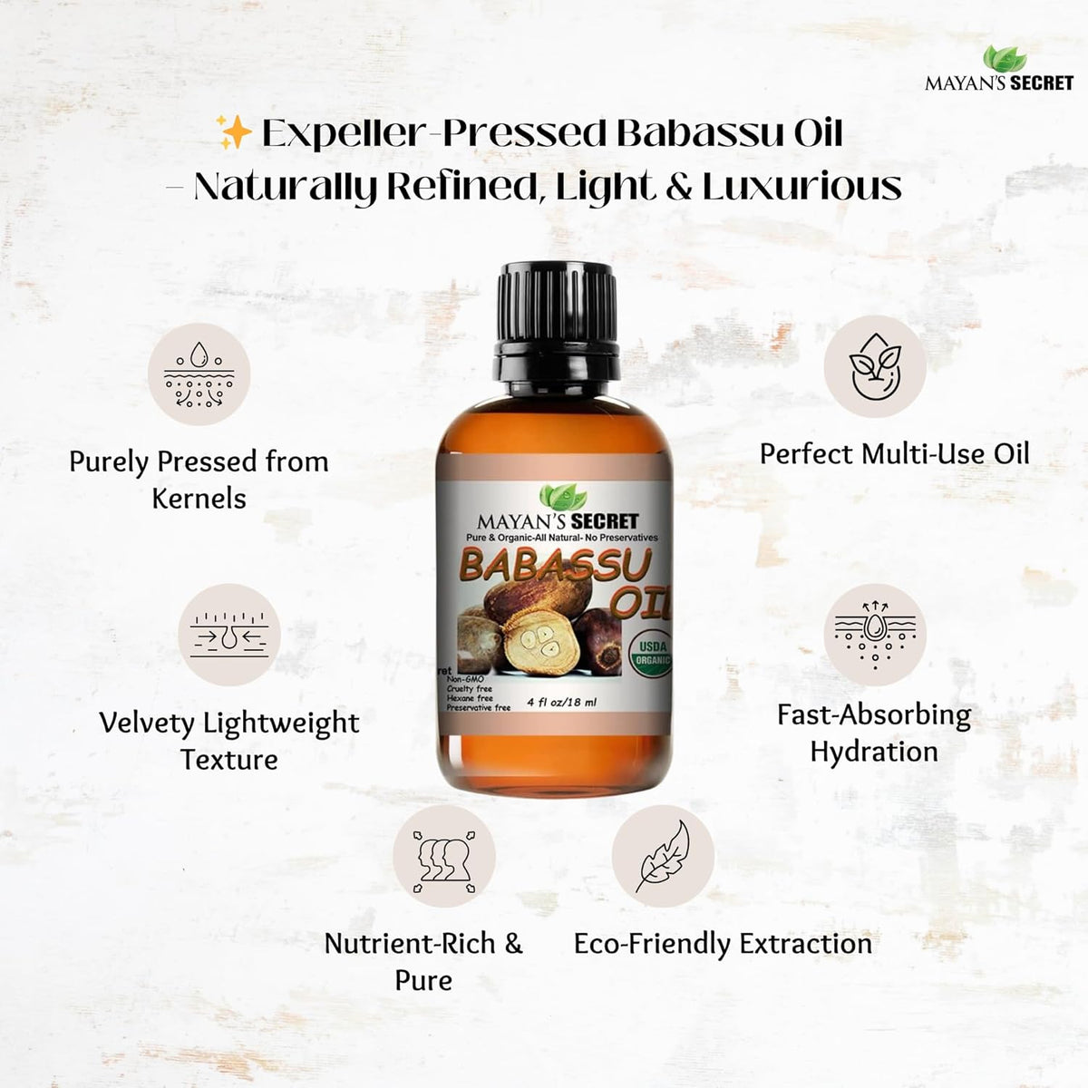 Mayan's Secret Babassu Oil Organic, 4oz - Carrier and Essential oils for Skin Care, Hair, Body Moisturizer for Face-Anti Aging