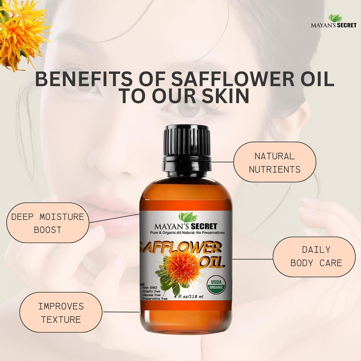 Mayan's Secret Organic Safflower Oil – High Oleic, Expeller Pressed, 100% Pure &amp; Non-GMO, Rich in Vitamin E &amp; Oleic Acid, Deep Moisturizing Oil for Soft Healthy Skin