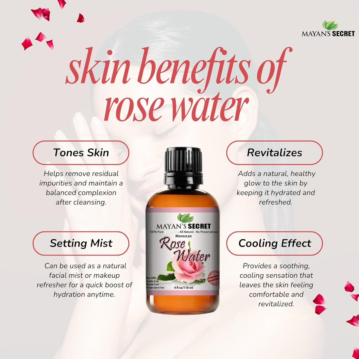 Mayan’s Secret Moroccan Rose Water Organic Facial Toner Hydrating Face Mist for Skin Hair 4 oz