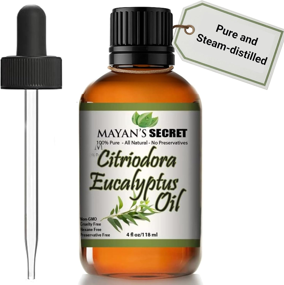 Mayan’s Secret Citriodora Eucalyptus Oil 100% Pure Steam Distilled Essential Oil for Skin Hair Scalp Aromatherapy and Diffuser Use 4 fl oz 118 ml Amber Glass Bottle with Dropper