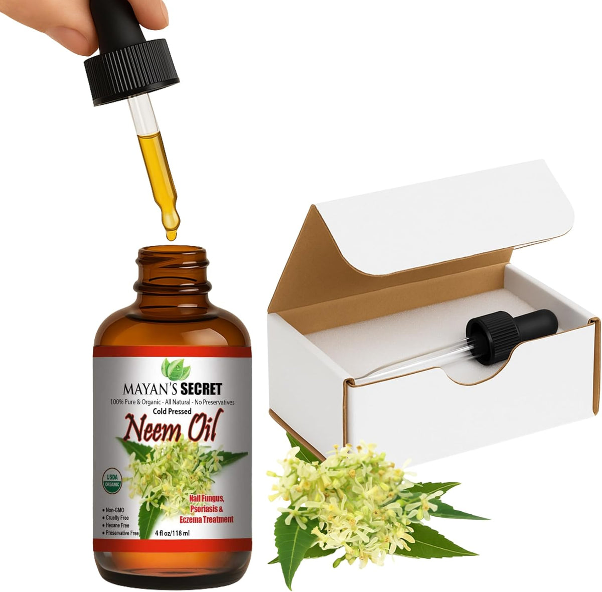 Organic Neem Oil Cold Pressed Unrefined USDA Certified Pure Neem Oil for Skin Hair Scalp Natural Moisturizer Nail Care Face Body Treatment 4 oz
