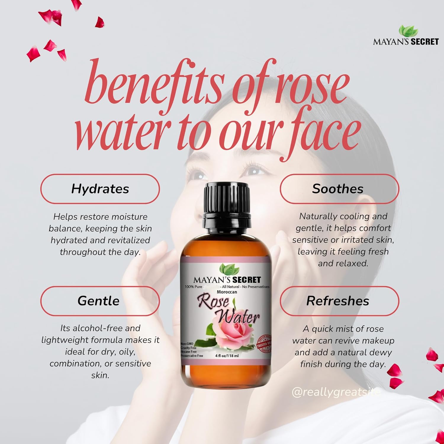 Mayan’s Secret Moroccan Rose Water Organic Facial Toner Hydrating Face Mist for Skin Hair 4 oz