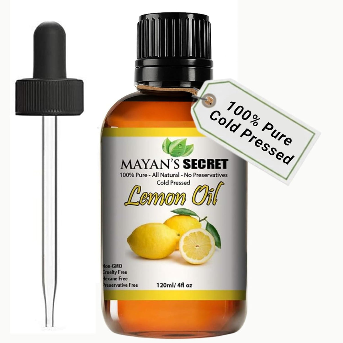 Mayan’s Secret Lemon Oil 100% Pure Cold Pressed Lemon Essential Oil for Skin Hair Aromatherapy 4 oz 120ml Amber Glass Bottle