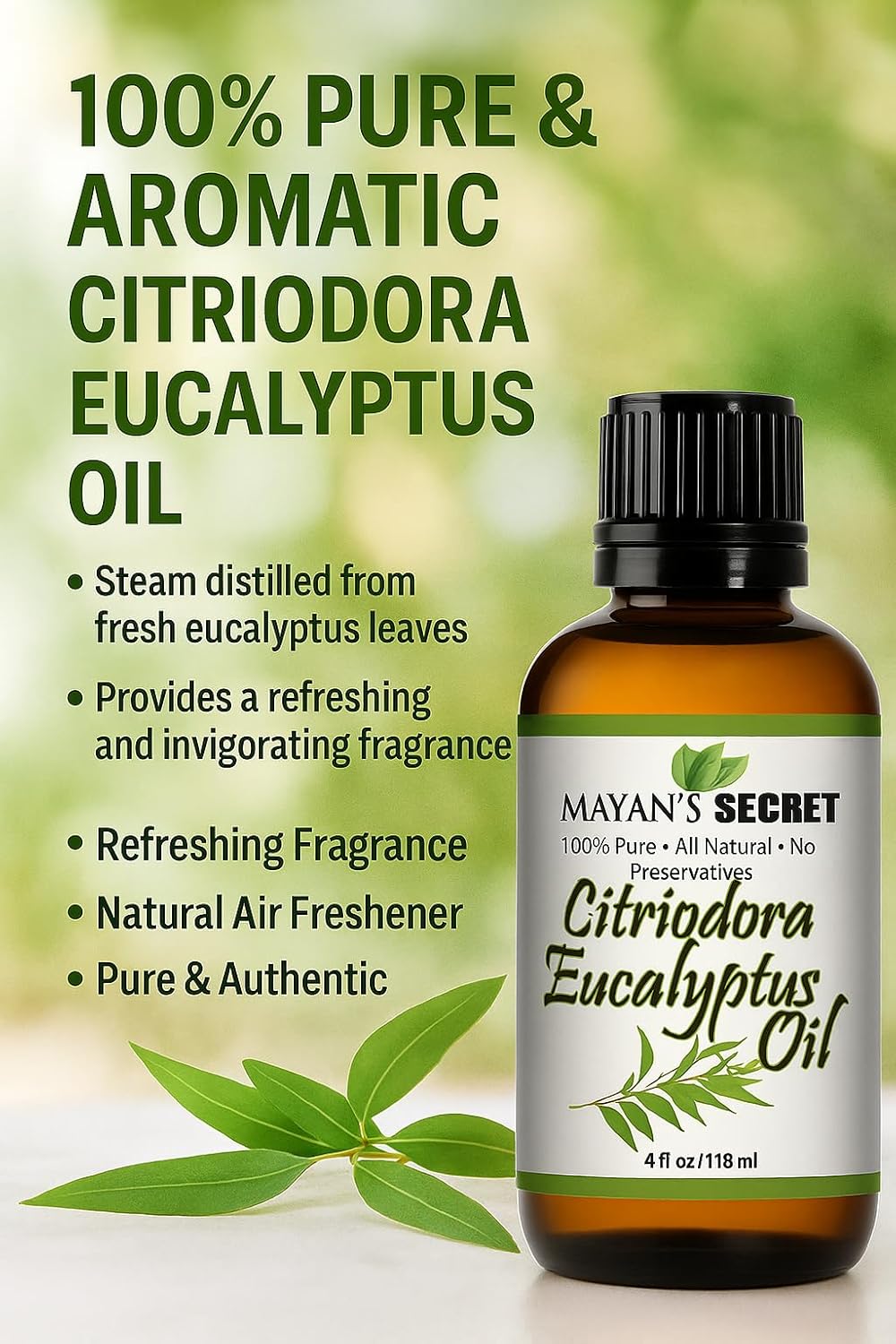Mayan’s Secret Citriodora Eucalyptus Oil 100% Pure Steam Distilled Essential Oil for Skin Hair Scalp Aromatherapy and Diffuser Use 4 fl oz 118 ml Amber Glass Bottle with Dropper