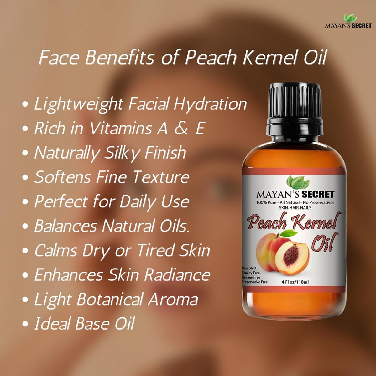 Pure Carrier and Essential Oils for Skin Care, Hair, Body Moisturizer for Face-Anti Aging Skin Care (Peach Kernel Oil, 4oz)