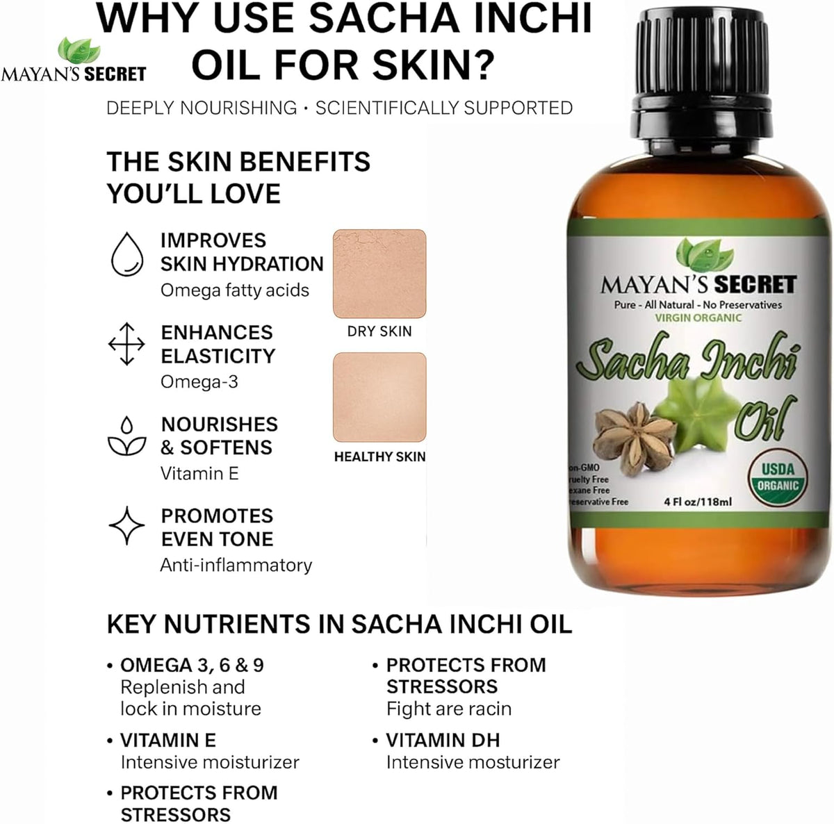 Mayan’s Secret Organic Sacha Inchi Oil Cold Pressed Pure Omega 3 6 9 Skin Hair Face Moisturizer 4 oz Glass Bottle