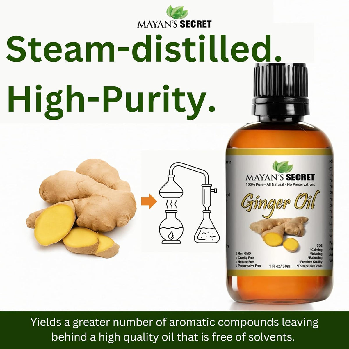 Mayan’s Secret Ginger Essential Oil Pure Steam Distilled Zingiber Officinale Aromatherapy Oil for Diffuser Massage Skin and Hair Care 1 fl oz 30 ml