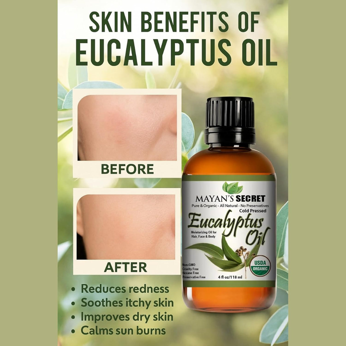 Mayan’s Secret Organic Cold Pressed Eucalyptus Smithii Oil 4oz Pure Natural Moisturizing Oil for Skin Hair Scalp Aromatherapy Diffuser Massage Body Oil