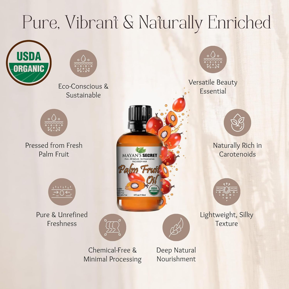 Mayan’s Secret Organic Palm Fruit Oil Cold Pressed Pure Moisturizing Face Body Hair Oil 4 oz Glass Dropper Bottle