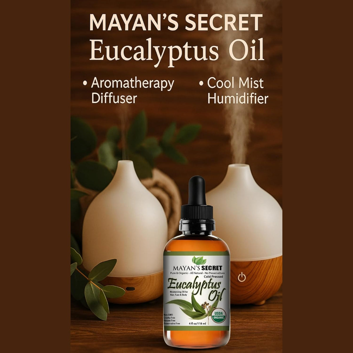 Mayan’s Secret Organic Cold Pressed Eucalyptus Smithii Oil 4oz Pure Natural Moisturizing Oil for Skin Hair Scalp Aromatherapy Diffuser Massage Body Oil