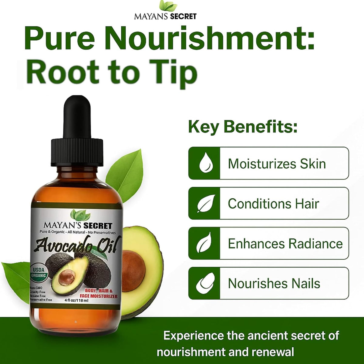 Mayan’s Secret USDA Organic Avocado Oil 4 oz 118 ml Unrefined Cold Pressed Persea Gratissima Pure Hair Skin Body Oil