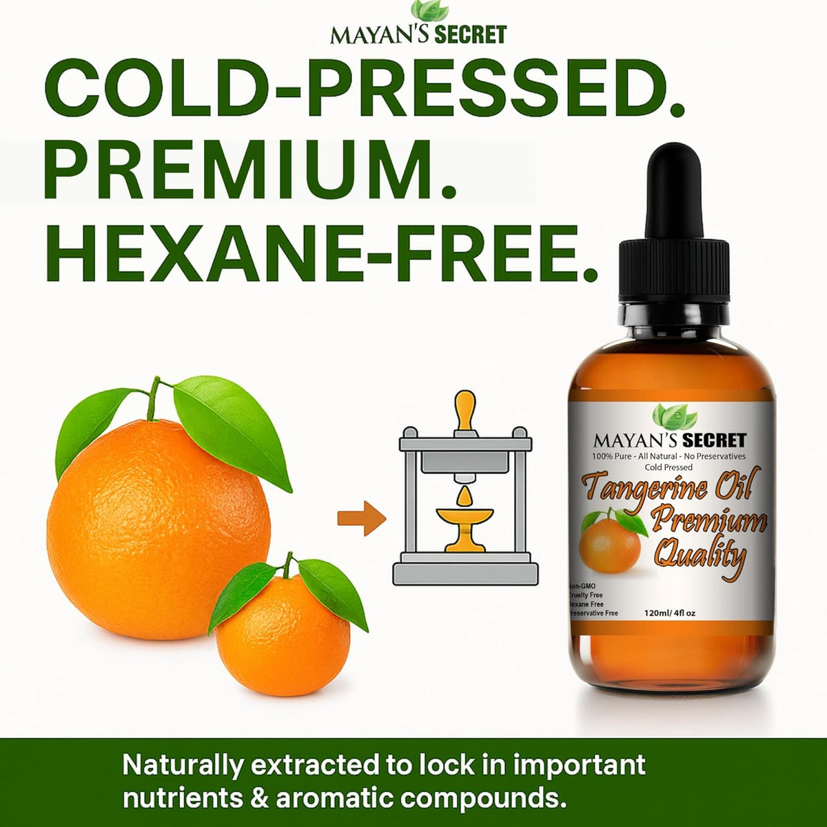 Mayan’s Secret Tangerine Essential Oil 4 oz 120ml Pure Cold Pressed Citrus Oil for Skin Hair Aromatherapy Diffuser Use Glass Dropper Bottle