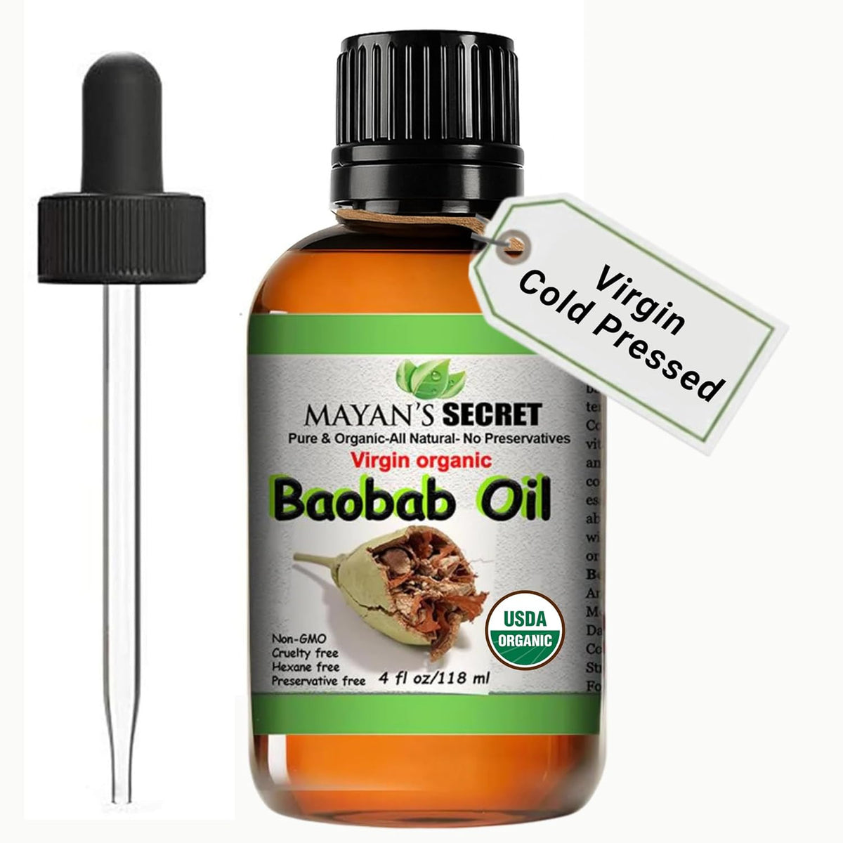 Mayan’s Secret Virgin Organic Baobab Oil Cold Pressed Unrefined for Skin Hair and Massage 4 fl oz