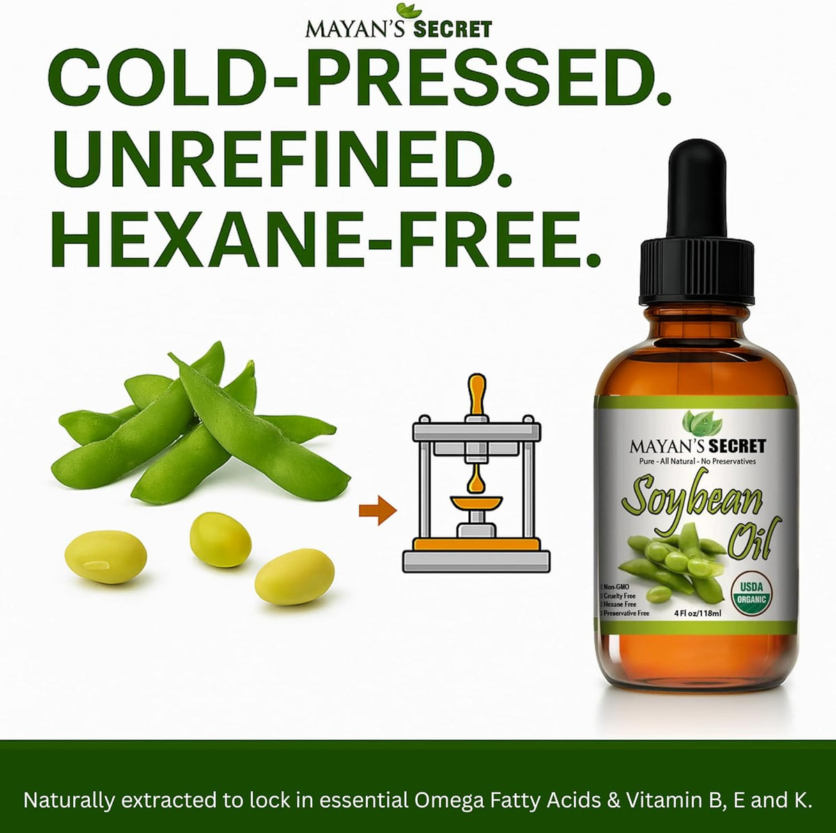 Mayan’s Secret USDA Organic Soybean Oil Cold Pressed Unrefined Pure Moisturizing Oil for Skin Hair Face and Nails 4 oz Amber Glass Bottle