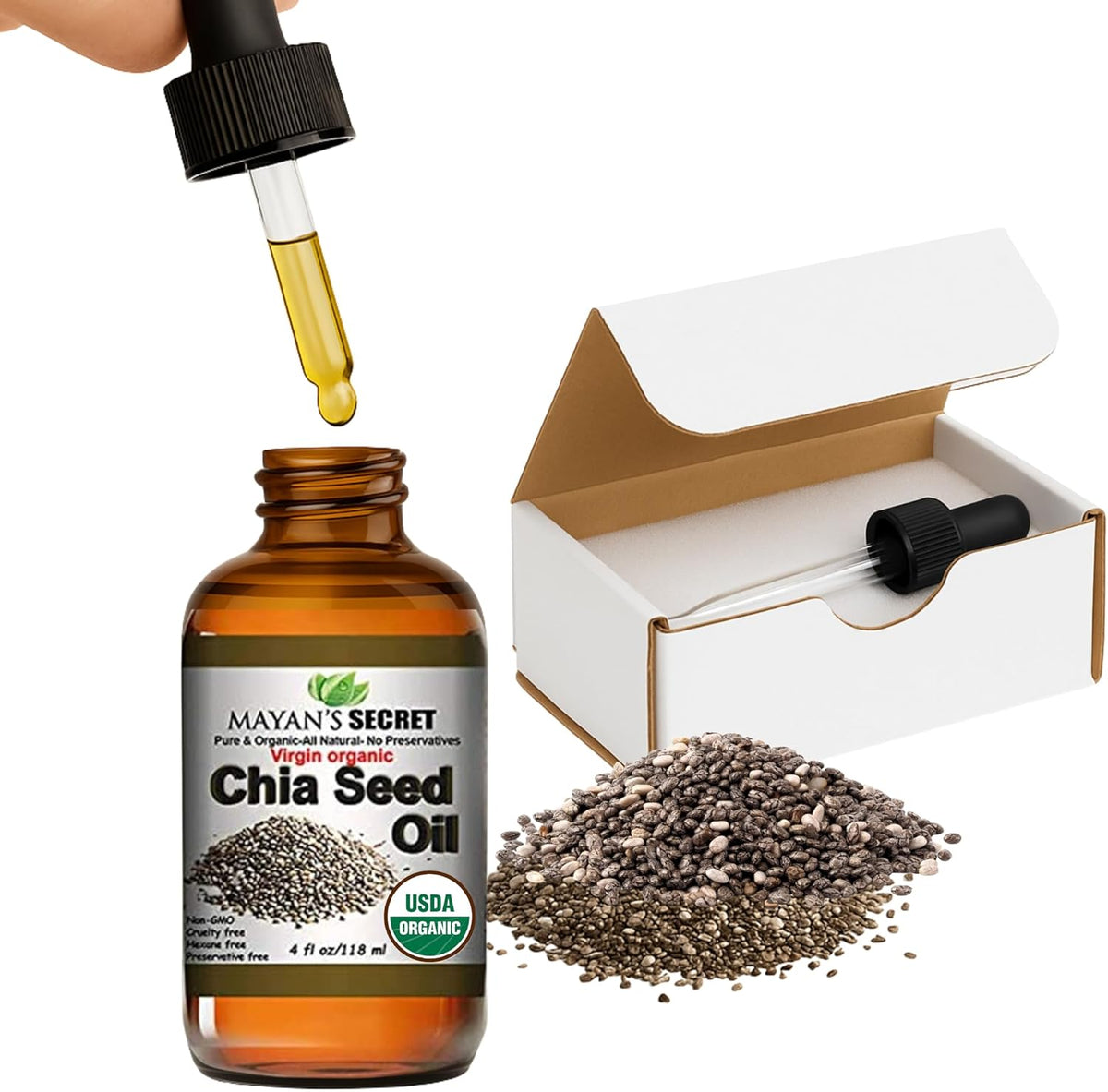 Mayan's Secret Chia Seed Oil, USDA Certified Virgin Organic,100% Pure &amp; Natural, Cold Pressed Virgin, Unrefined in Amber Glass Bottle w/Glass Eyedropper for Easy Application (4 oz /118 ml)