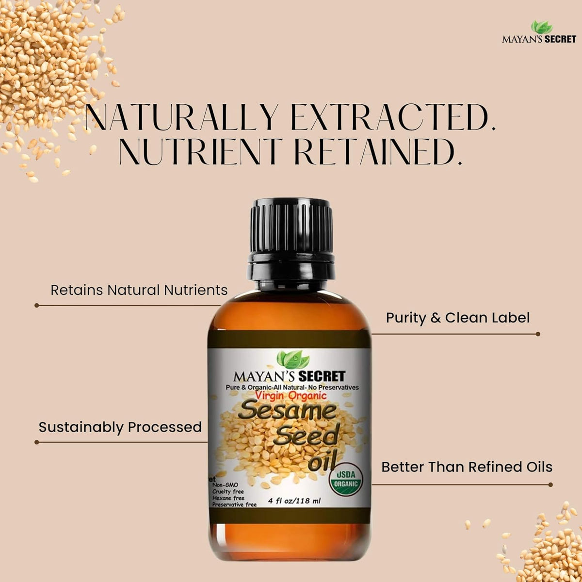 USDA Certified Virgin Organic Sesame Seed Oil Unrefined 100% Pure Natural for Skin, Body, Face, and Hair Growth Large 4oz Glass Bottle