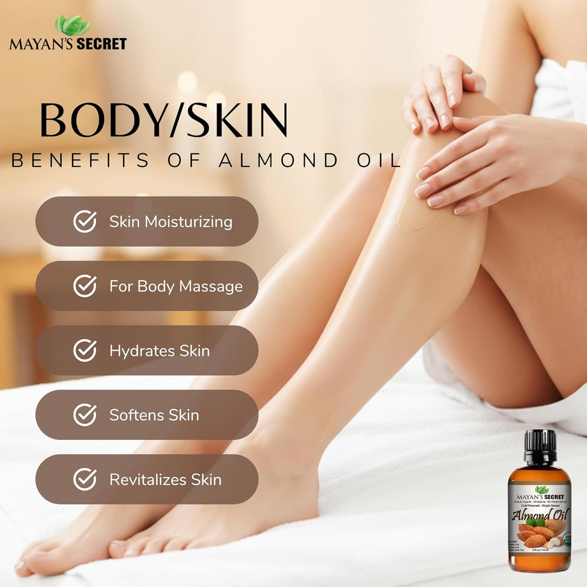 Organic Sweet Almond Oil Cold Pressed Virgin Pure Almond Oil for Skin Hair Face Nails Natural Moisturizing Beauty Oil 4oz