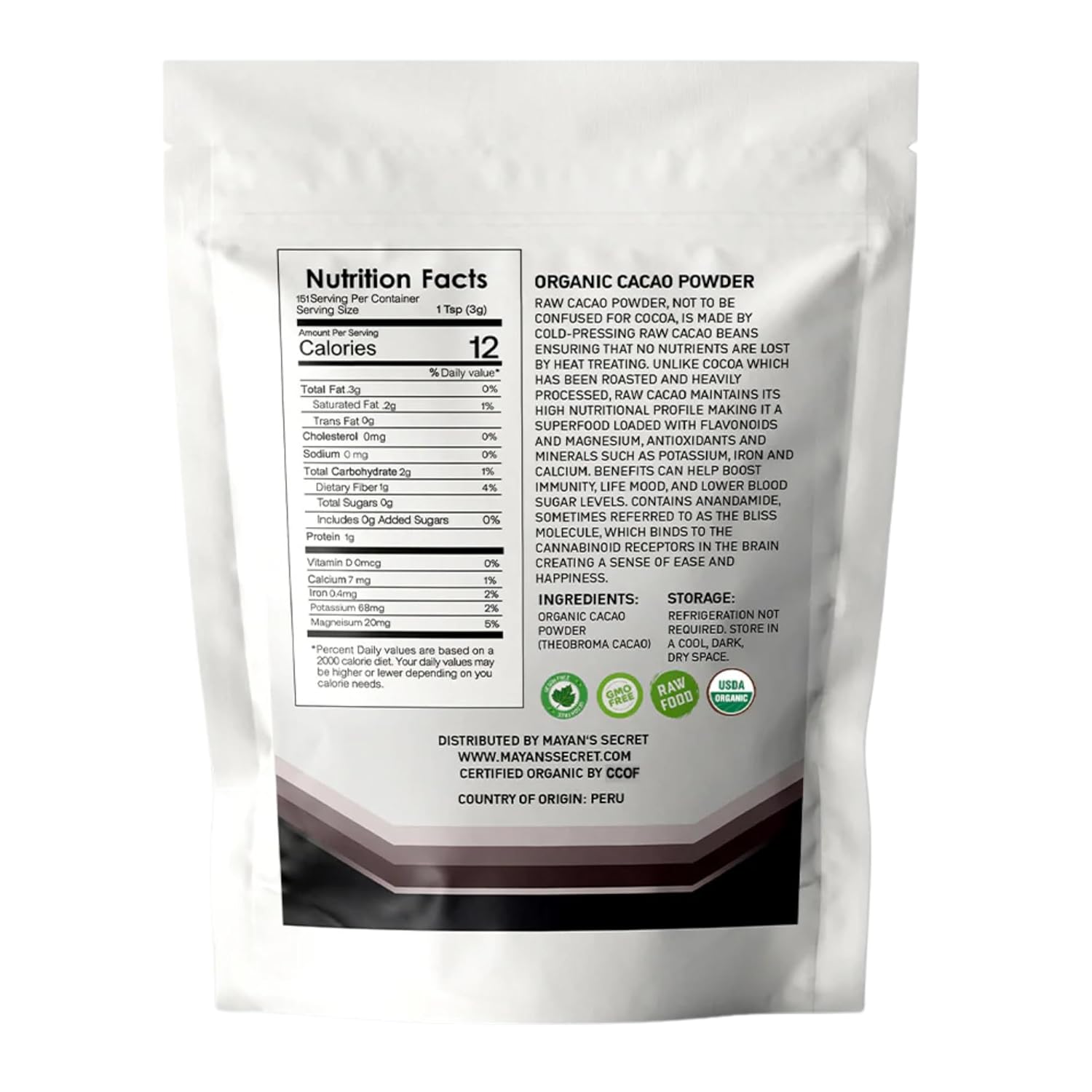 Mayan’s Secret - Organic Cocoa Powder Unsweetened Raw Cacao Powder Organic for Smoothie, Coffee and Drink Mixes 1 Pound (Pack of 1)