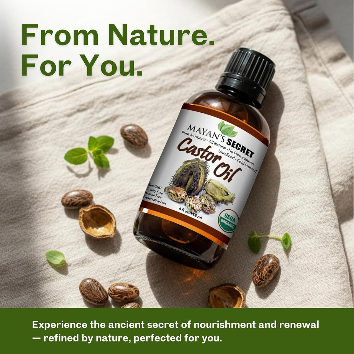 Organic Cold Pressed Castor Oil 4 oz USDA Organic Pure Hexane Free Unrefined Hair Growth Eyelashes Eyebrows Skin Moisturizer Glass Dropper Bottle