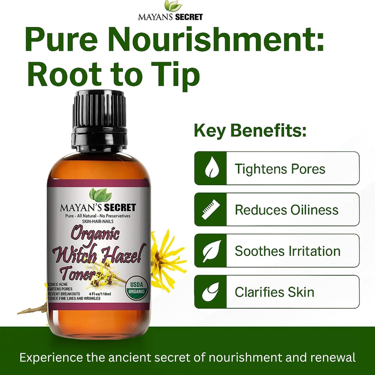 Mayan’s Secret Organic Witch Hazel Toner USDA Organic Pore Tightening Facial Toner for Oily Acne Prone and Sensitive Skin 4 oz Glass Bottle