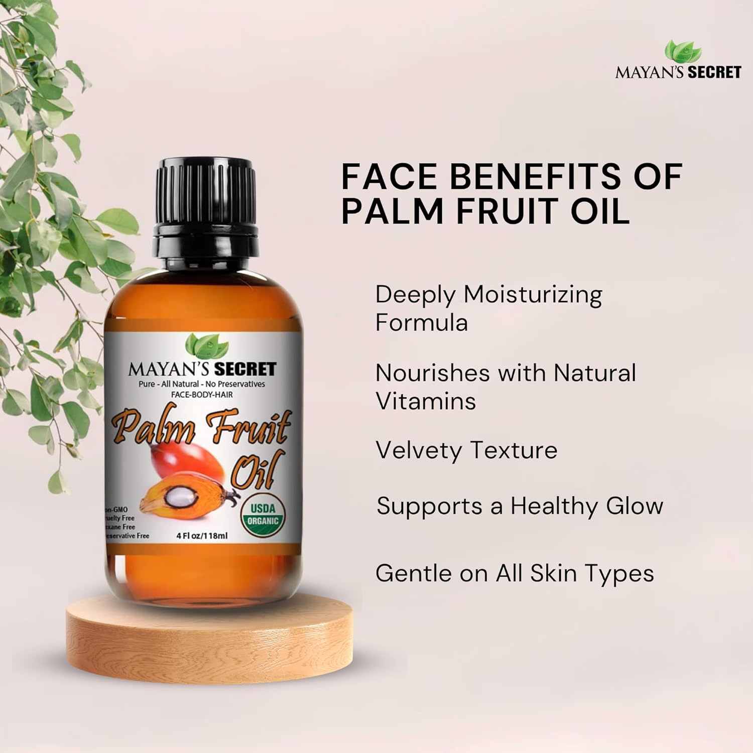 Mayan’s Secret Organic Palm Fruit Oil Cold Pressed Pure Moisturizing Face Body Hair Oil 4 oz Glass Dropper Bottle