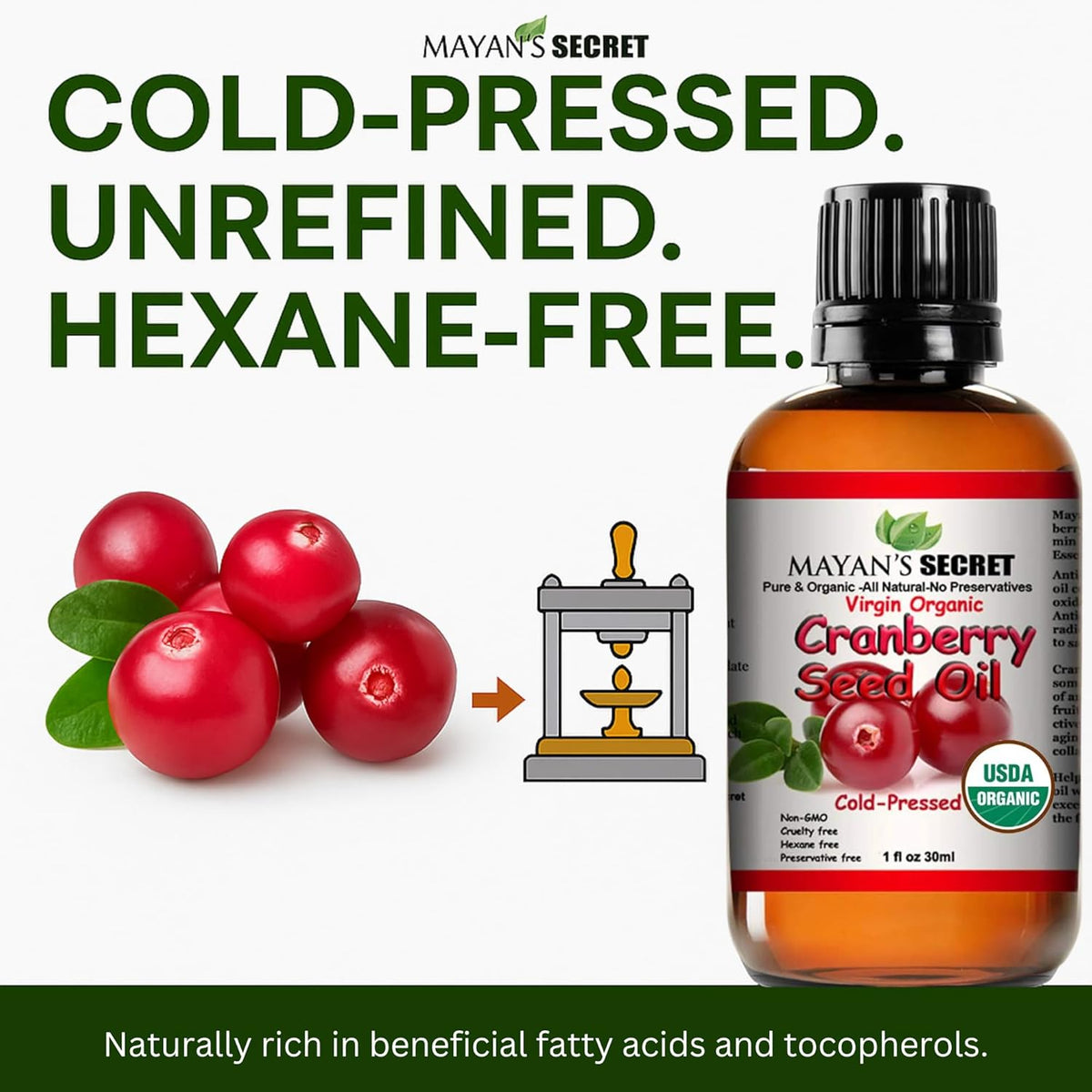 Organic Cranberry Seed Essential Oil Virgin Organic USDA Certified Cold Pressed The Anti-Aging Skin Secret 1 oz