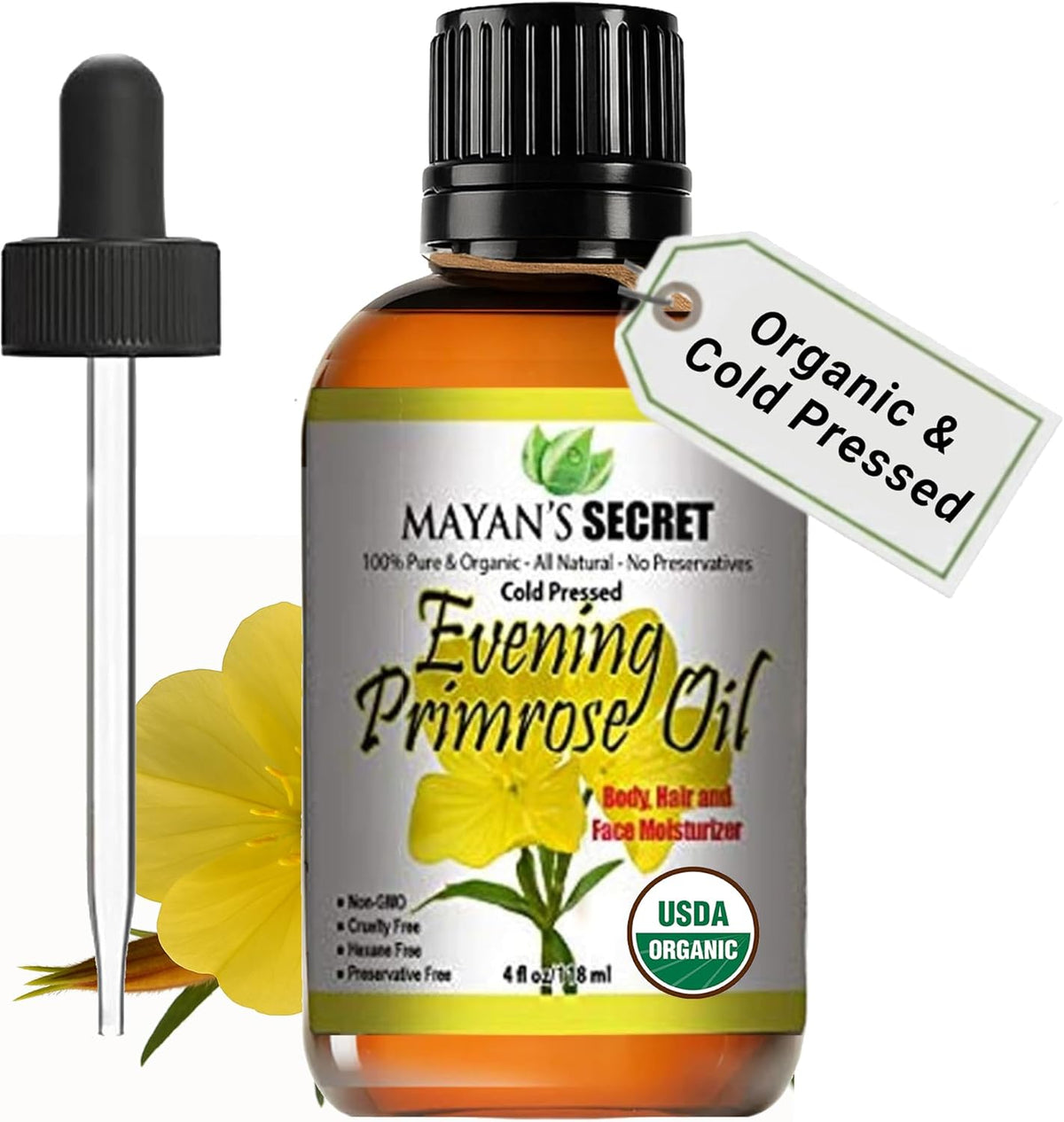 Mayan’s Secret Organic Evening Primrose Oil Cold Pressed USDA Organic Face Skin Hair Moisturizer Pure Natural Beauty Oil 4 oz