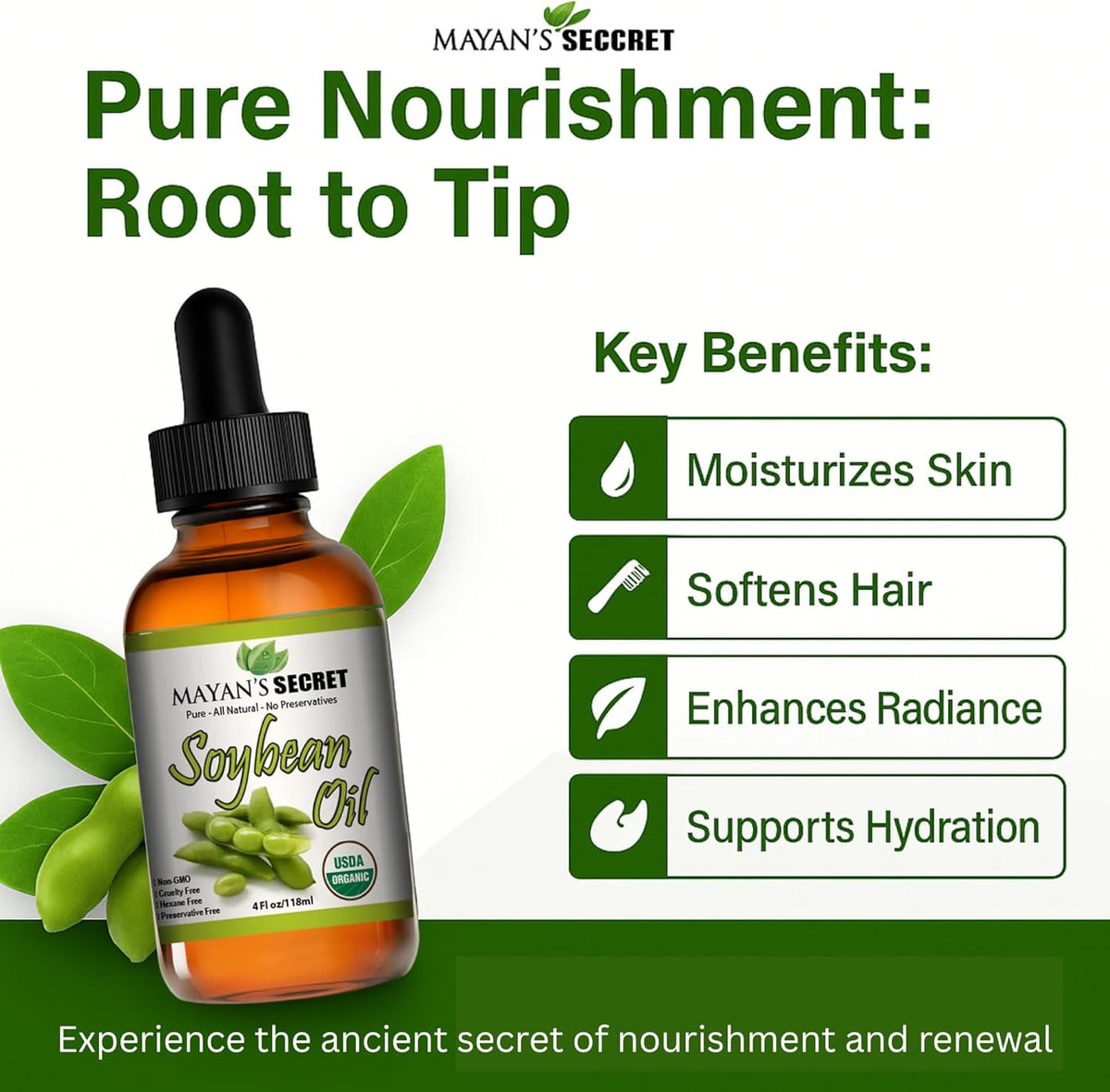 Mayan’s Secret USDA Organic Soybean Oil Cold Pressed Unrefined Pure Moisturizing Oil for Skin Hair Face and Nails 4 oz Amber Glass Bottle