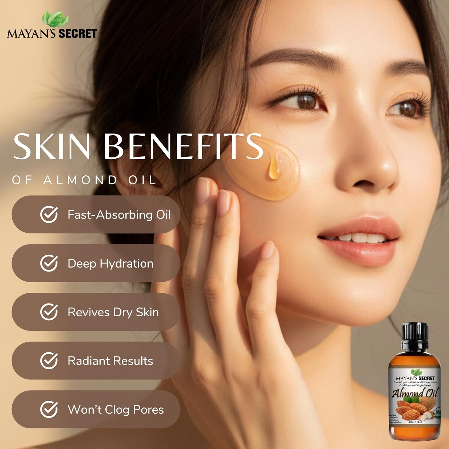 Organic Sweet Almond Oil Cold Pressed Virgin Pure Almond Oil for Skin Hair Face Nails Natural Moisturizing Beauty Oil 4oz