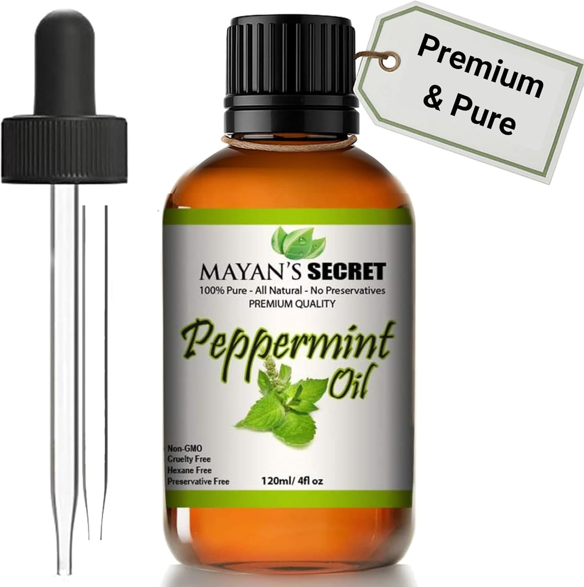 Mayan’s Secret Peppermint Essential Oil 4 oz 120ml Pure Steam Distilled Mint Oil for Hair Scalp Skin Aromatherapy Diffuser Use Glass Dropper Bottle