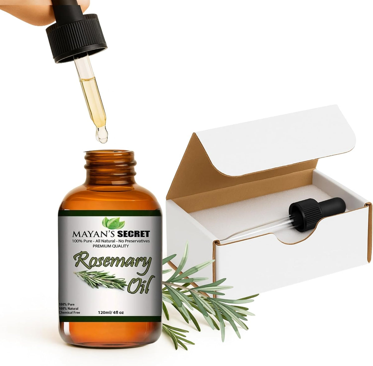 Mayan’s Secret Rosemary Oil 100% Pure Steam Distilled Rosemary Essential Oil for Hair Scalp Skin and Aromatherapy 4 fl oz 120 ml Amber Glass Dropper Bottle