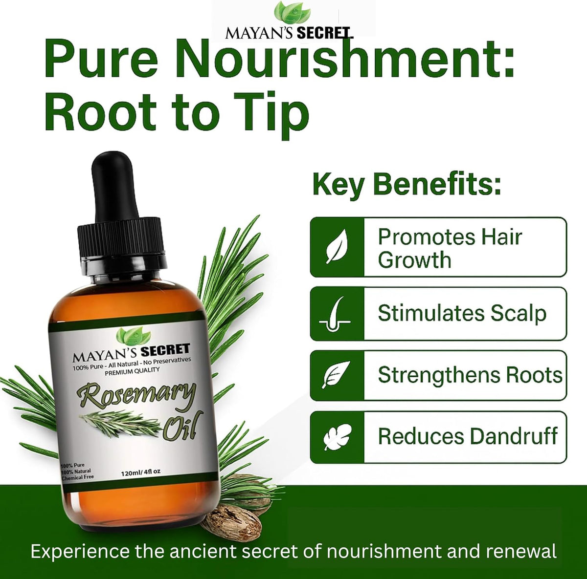 Mayan’s Secret Rosemary Oil 100% Pure Steam Distilled Rosemary Essential Oil for Hair Scalp Skin and Aromatherapy 4 fl oz 120 ml Amber Glass Dropper Bottle