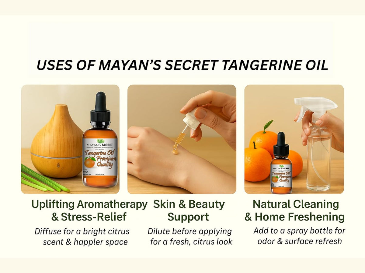 Mayan’s Secret Tangerine Essential Oil 4 oz 120ml Pure Cold Pressed Citrus Oil for Skin Hair Aromatherapy Diffuser Use Glass Dropper Bottle