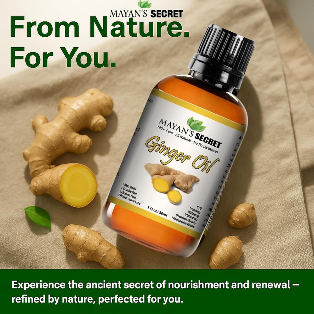 Mayan’s Secret Ginger Essential Oil Pure Steam Distilled Zingiber Officinale Aromatherapy Oil for Diffuser Massage Skin and Hair Care 1 fl oz 30 ml