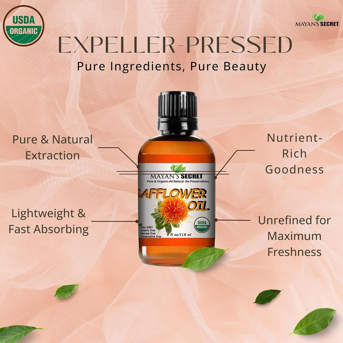 Mayan's Secret Organic Safflower Oil – High Oleic, Expeller Pressed, 100% Pure &amp; Non-GMO, Rich in Vitamin E &amp; Oleic Acid, Deep Moisturizing Oil for Soft Healthy Skin