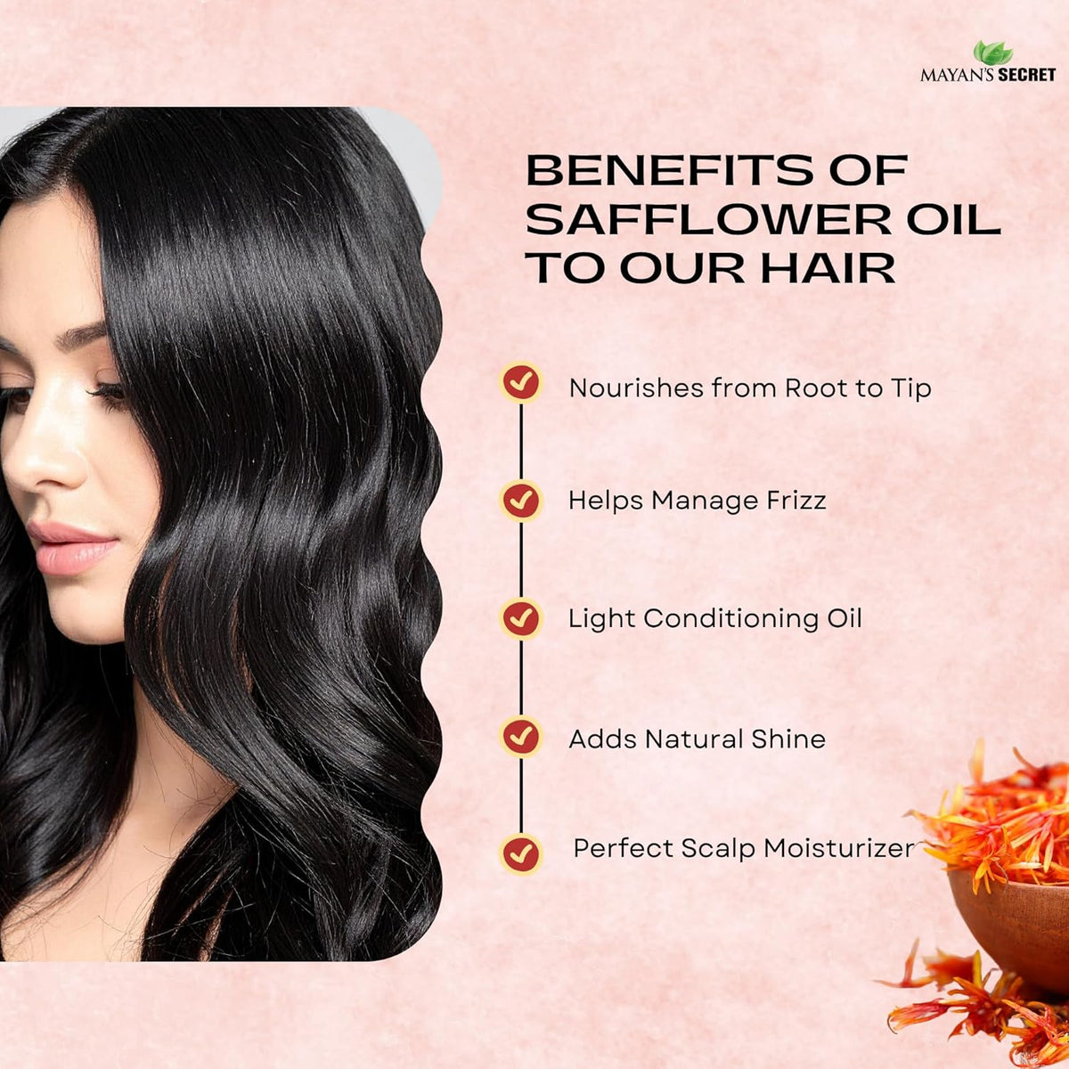 Mayan's Secret Organic Safflower Oil – High Oleic, Expeller Pressed, 100% Pure &amp; Non-GMO, Rich in Vitamin E &amp; Oleic Acid, Deep Moisturizing Oil for Soft Healthy Skin