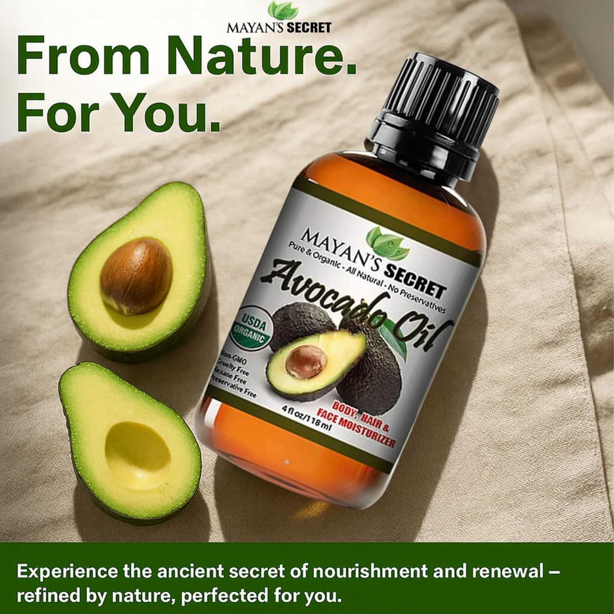 Mayan’s Secret USDA Organic Avocado Oil 4 oz 118 ml Unrefined Cold Pressed Persea Gratissima Pure Hair Skin Body Oil