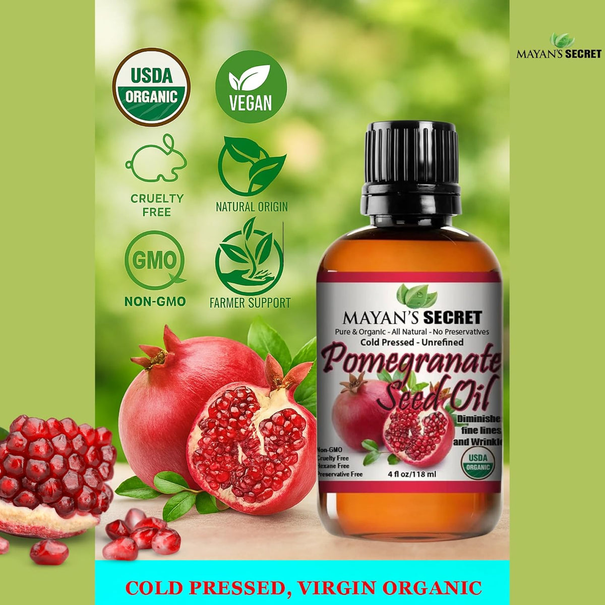 Organic Pomegranate Seed Oil Cold Pressed Virgin Unrefined Face Hair Skin Moisturizing Glow Anti Aging 4 oz