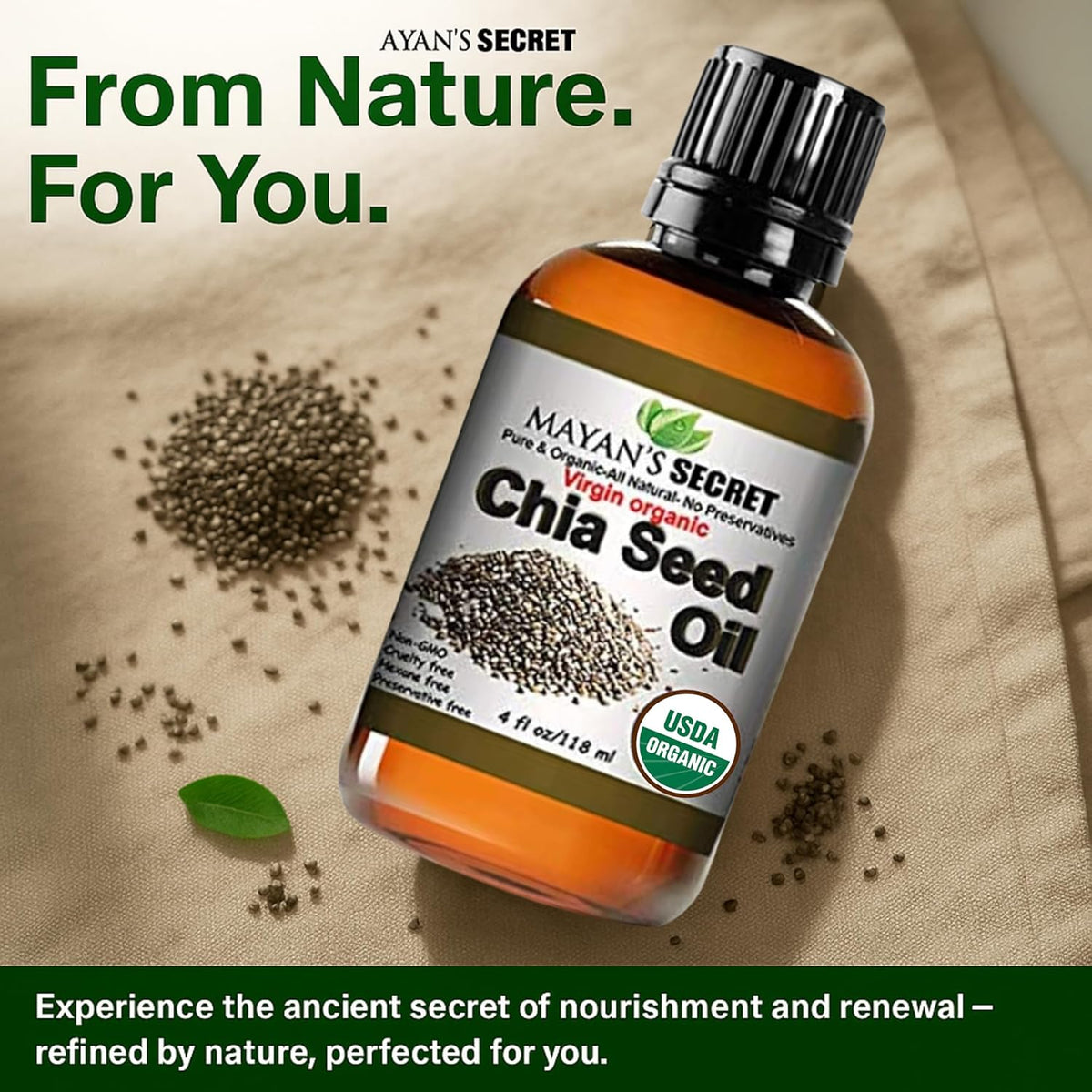 Mayan's Secret Chia Seed Oil, USDA Certified Virgin Organic,100% Pure &amp; Natural, Cold Pressed Virgin, Unrefined in Amber Glass Bottle w/Glass Eyedropper for Easy Application (4 oz /118 ml)