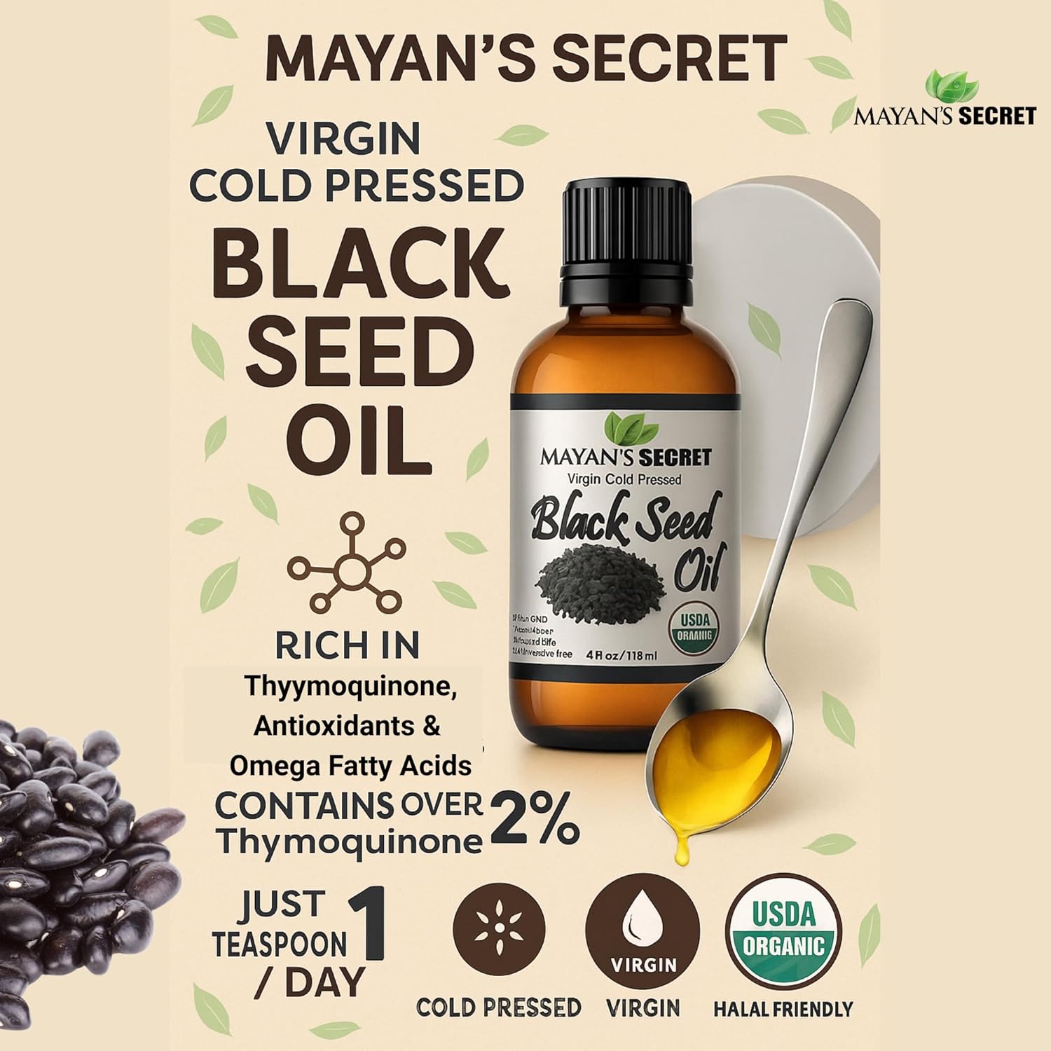Mayan’s Secret Organic Black Seed Oil 4 oz 118 ml Nigella Sativa Virgin Cold Pressed USDA Organic Hair Skin Body Oil